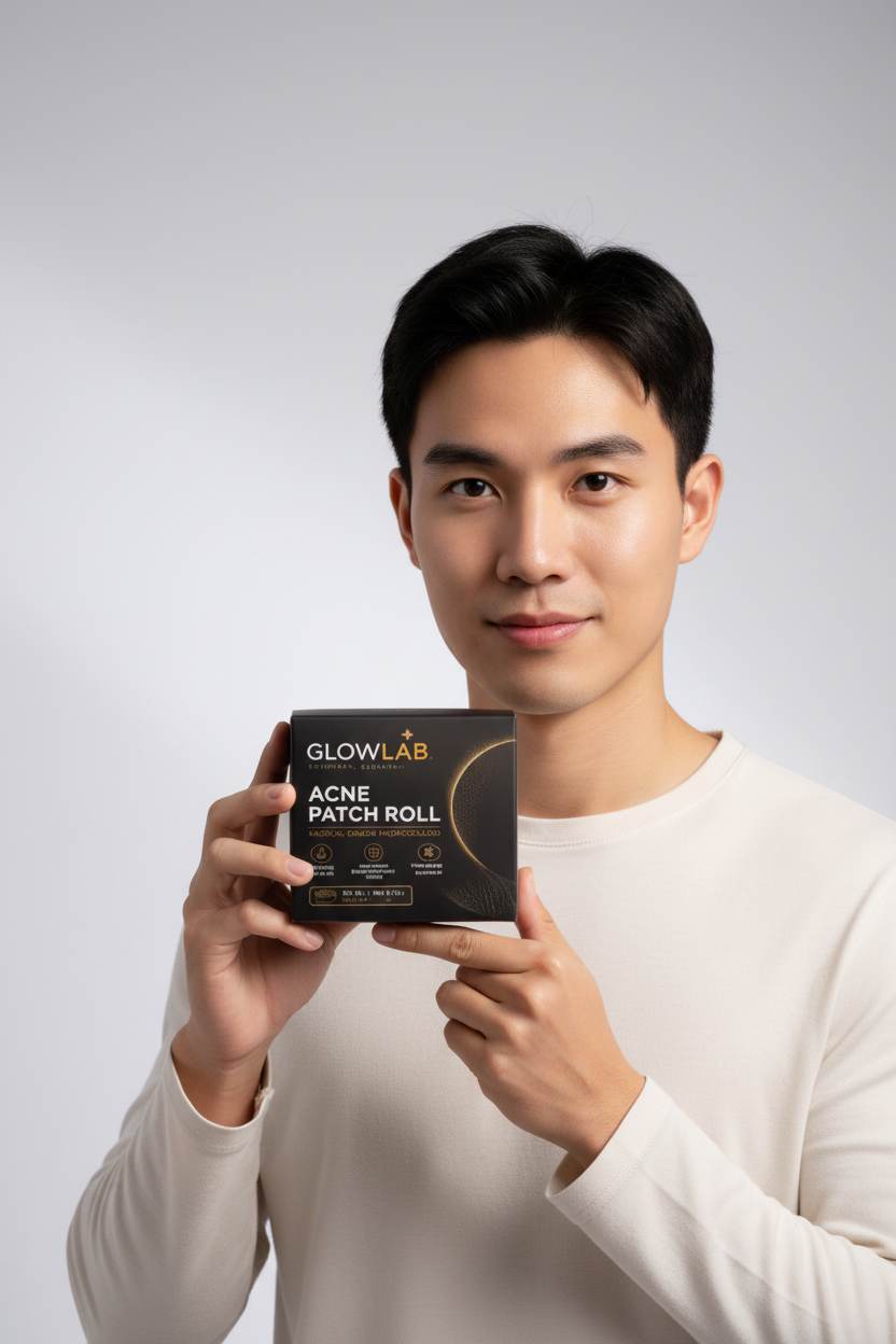 Boy holding GlowLab Acne Patch Roll box